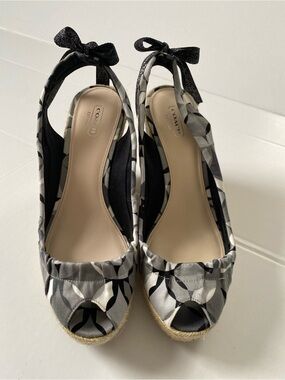 Coach Black & Gray Geometric Peep-Toe Wedge Espadrilles with Bow Ankle Ties